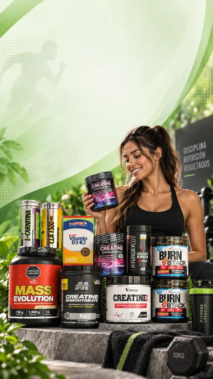 Tarros de creatina, proteína, quemadores y vitamina D3 de las marcas de la tienda junto a una deportista