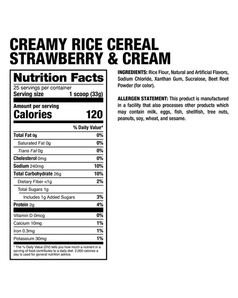 Dragon Pharma Creamy Rice Cereal, tabla nutricional, sabor Strawberries N' Cream, 1.96 lb (892 g) / 25 porciones
