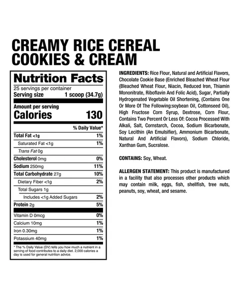 Dragon Pharma Creamy Rice Cereal, tabla nutricional, sabor Cookies & Cream, 1.91 lb (868 g) / 25 porciones
