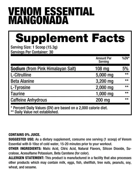 Dragon Pharma Venom Essential, tabla nutricional, sabor Mangonada