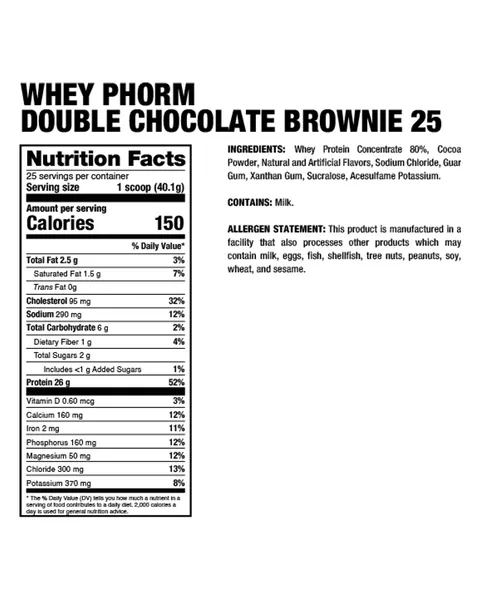 Dragon Pharma WheyPhorm, tabla nutricional, sabor Double Chocolate Brownie