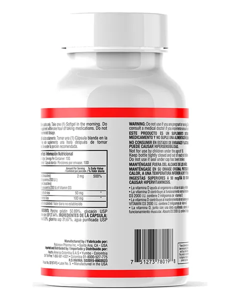 Healthy America Absorb D3 Vitamina D3 2.000 IU, parte trasera