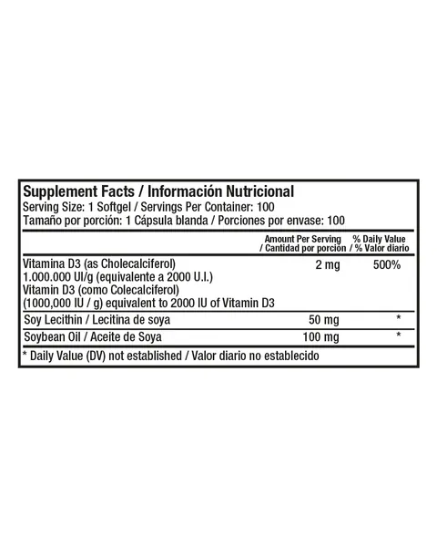Healthy America Absorb D3 Vitamina D3 2.000 IU, tabla nutricional