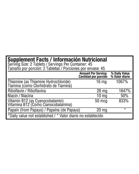 Healthy America Multi-B B-Complex con B-12, tabla nutricional, 90 tabletas