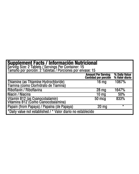 Healthy America Multi-B B-Complex con B-12, tabla nutricional, 30 tabletas
