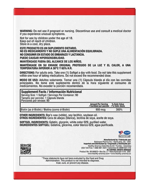 Healthy America Biotin 900 mcg, parte trasera, 90 softgels