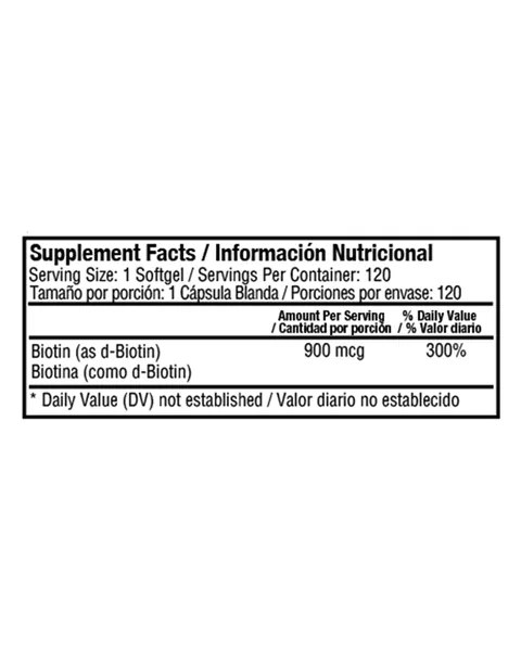Healthy America Biotin 900 mcg, tabla nutricional, 120 softgels