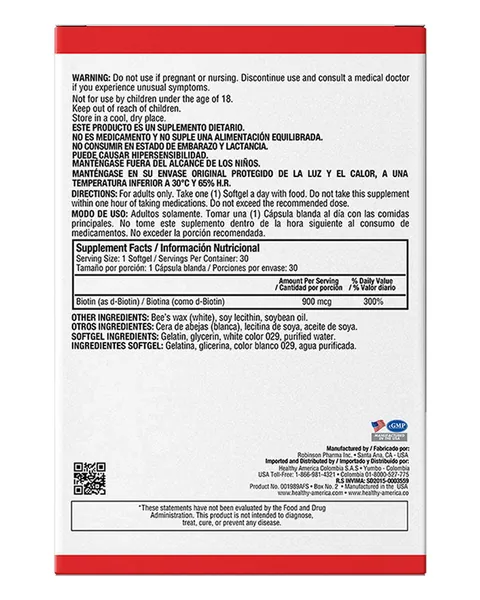 Healthy America Biotin 900 mcg, parte trasera, 30 softgels