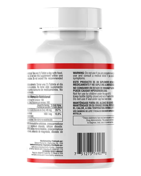 Healthy America Chelated Zinc 40 mg, parte trasera