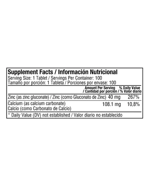 Healthy America Chelated Zinc 40 mg, tabla nutricional