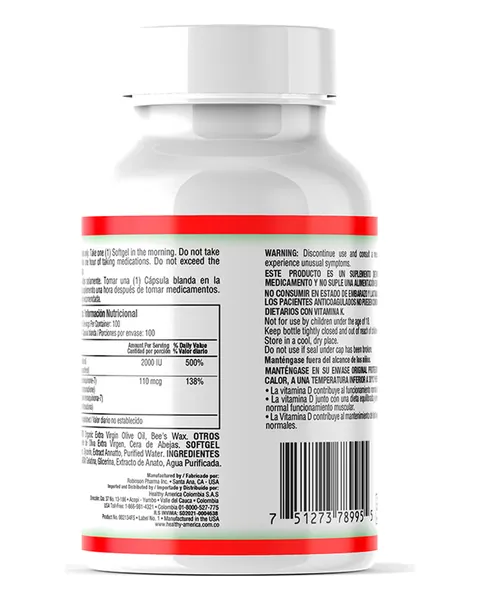 Healthy America DuoVit Vitamina D3 + K2, parte trasera
