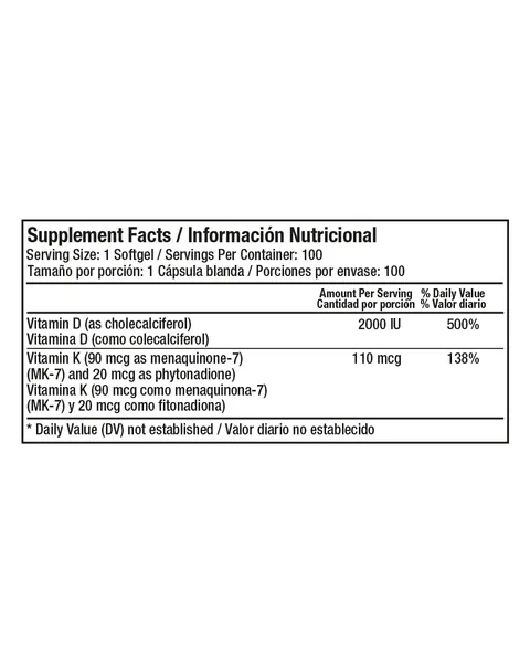 Healthy America DuoVit Vitamina D3 + K2, tabla nutricional