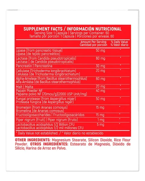 Healthy America Enzymax, tabla nutricional, 60 cápsulas