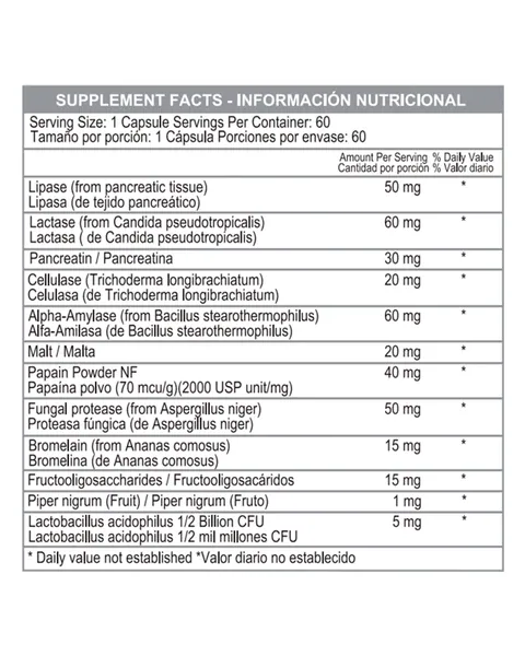 Healthy America Enzymax, tabla nutricional, 60 cápsulas