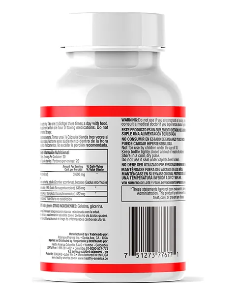 Healthy America Fish Oil Omega-3 1.200 mg, parte trasera, 60 softgels