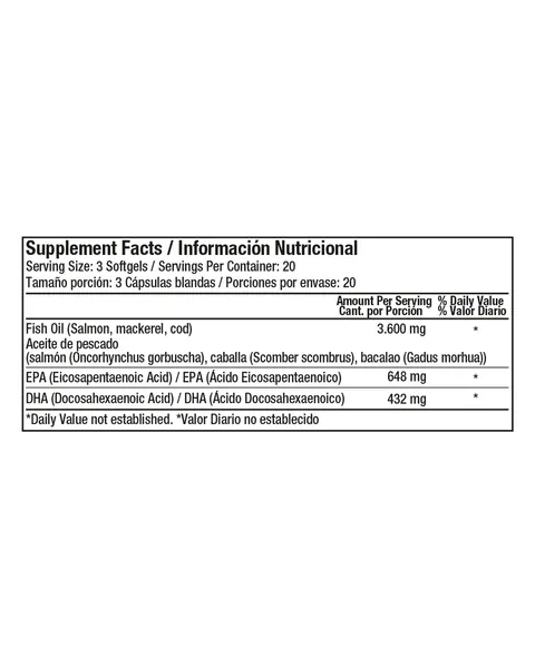 Healthy America Fish Oil Omega-3 1.200 mg, tabla nutricional, 60 softgels
