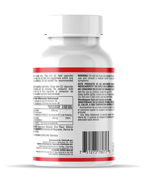Healthy America Juvenal Hydrolyzed Collagen Complex con Vitamina C, parte trasera, 60 cápsulas