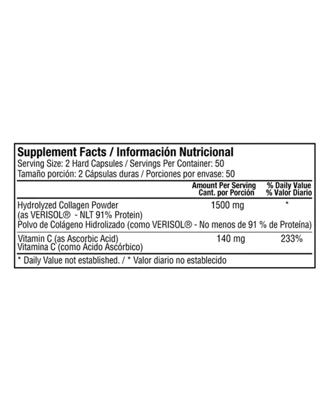Healthy America Juvenal Hydrolyzed Collagen Complex con Vitamina C, tabla nutricional, 100 cápsulas