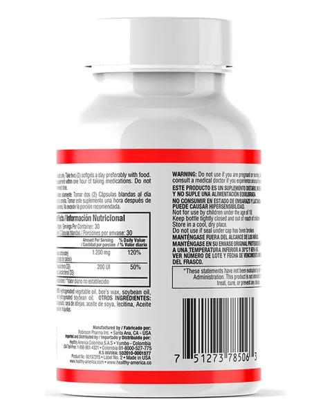 Healthy America Liquid Absorbable Calcium 1.200 mg + Vitamina D3, parte trasera, 60 softgels