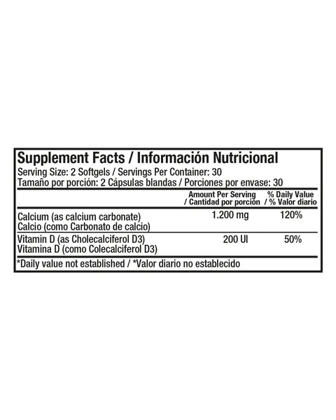 Healthy America Liquid Absorbable Calcium 1.200 mg + Vitamina D3, tabla nutricional, 60 softgels