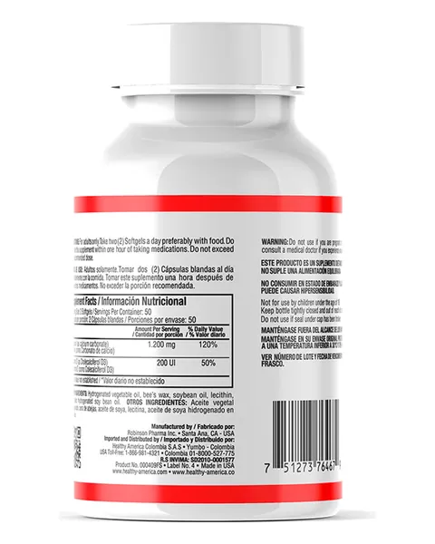 Healthy America Liquid Absorbable Calcium 1.200 mg + Vitamina D3, parte trasera, 100 softgels