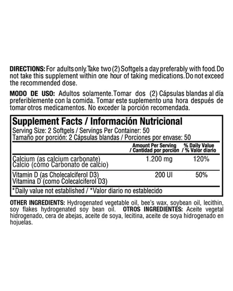 Healthy America Liquid Absorbable Calcium 1.200 mg + Vitamina D3, tabla nutricional, 100 softgels