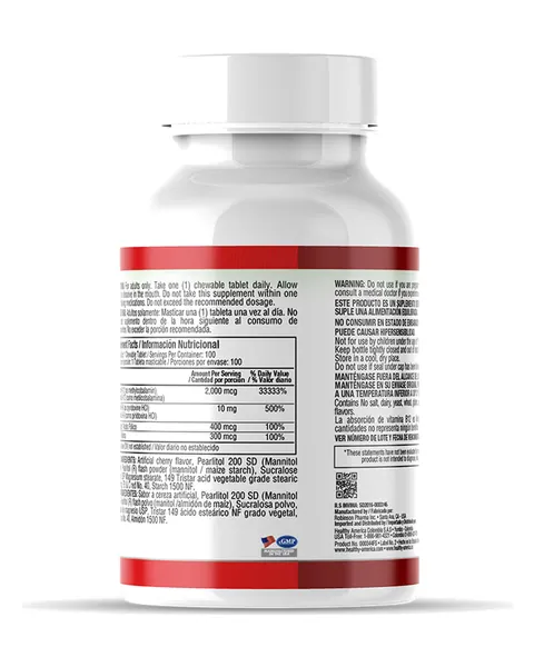 Healthy America Methyl B-12 2.000 mcg Complex, parte trasera, sabor Cereza
