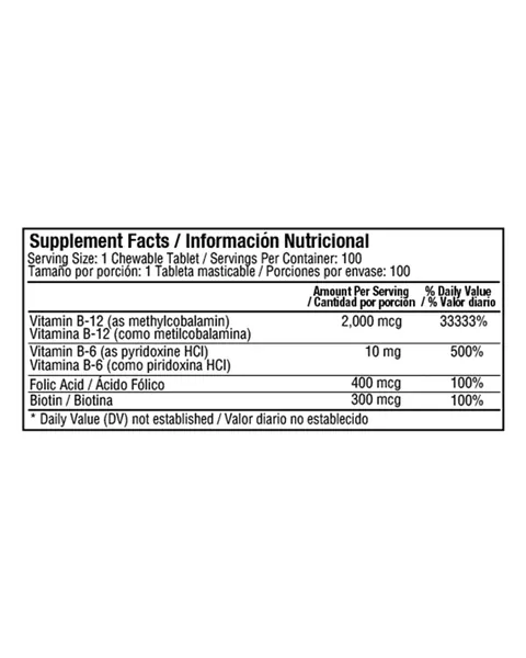 Healthy America Methyl B-12 2.000 mcg Complex, tabla nutricional, sabor Cereza