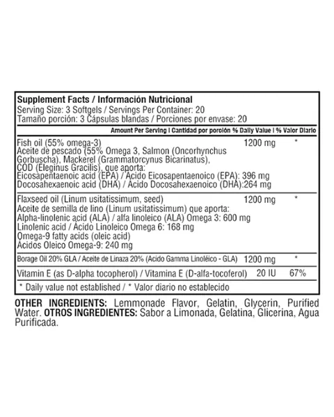 Healthy America Triple Omega 3-6-9, tabla nutricional, 60 softgels