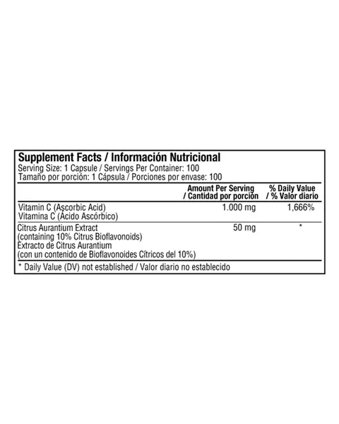 Healthy America Vitamin C 1.000 mg con Complejo de Bioflavonoides Cítricos, tabla nutricional, 100 cápsulas