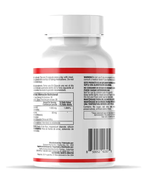 Healthy America Vitamin C 1.000 mg con Complejo de Bioflavonoides Cítricos, parte trasera, 30 cápsulas