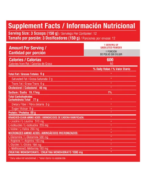 Healthy Sports Barbarus Proteína Hipercalórica, tabla nutricional, sabor Vainilla, 1820 g