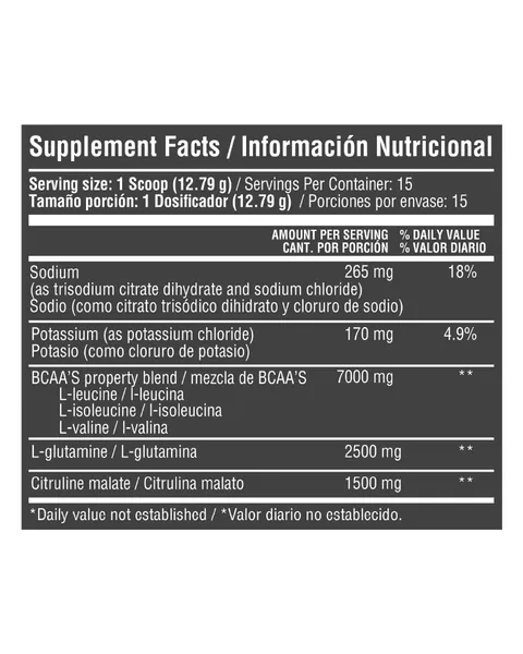 Healthy Sports BCAA's en polvo con L-Glutamina y Citrulina, tabla nutricional, sabor Fruit punch, 192 g