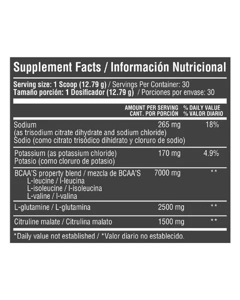 Healthy Sports BCAA's en polvo con L-Glutamina y Citrulina, tabla nutricional, sabor Fruit punch, 384 g