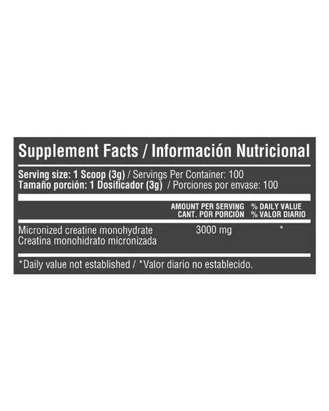 Healthy Sports Creatine Monohydrate 3000 Micronizada, tabla nutricional, 300 g