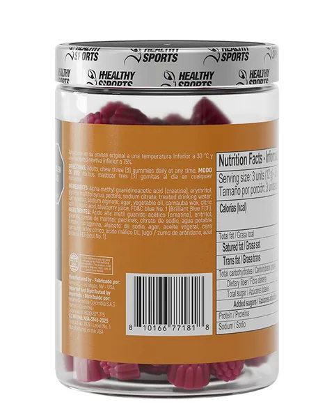 Healthy Sports Forcehold Creatine Monohydrate Gummies, vista lateral, sabor Berries