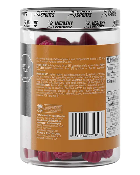 Healthy Sports Forcehold Creatine Monohydrate Gummies, parte trasera, sabor Berries