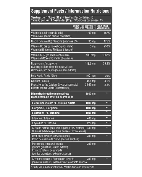 Healthy Sports Nuclear Pre-Entreno, tabla nutricional, sabor Fruit punch, 180 g