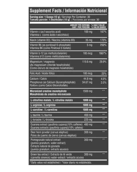 Healthy Sports Nuclear Pre-Entreno, tabla nutricional, sabor Fruit punch, 360 g