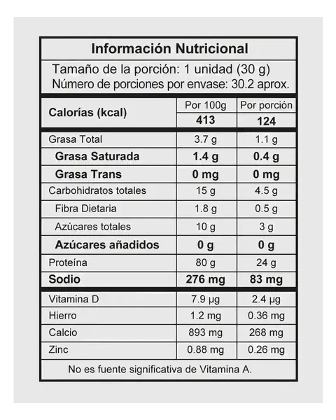 IMN Nutrition Isolate, tabla nutricional, sabor Vainilla Cream