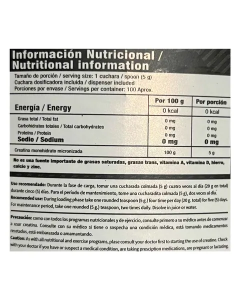 Iron Nutrition Creatine Ultra Pure 100%, tabla nutricional