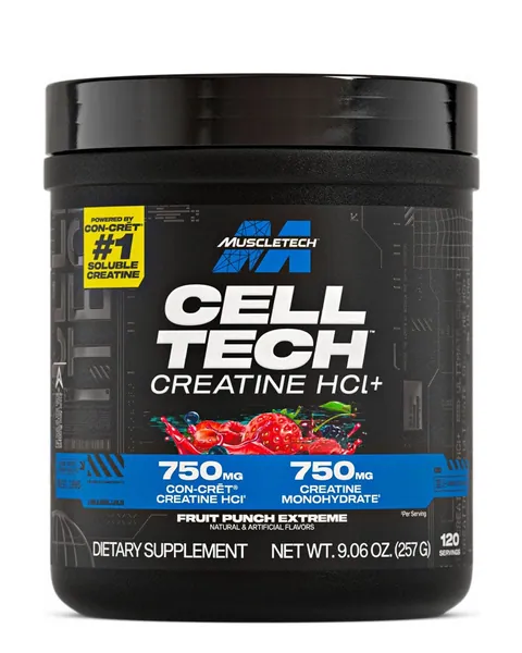 MuscleTech Cell-Tech Creactor (Creatine HCl+), sabor Fruit Punch Extreme, 257 g (9.06 oz) / aprox. 120 servicios
