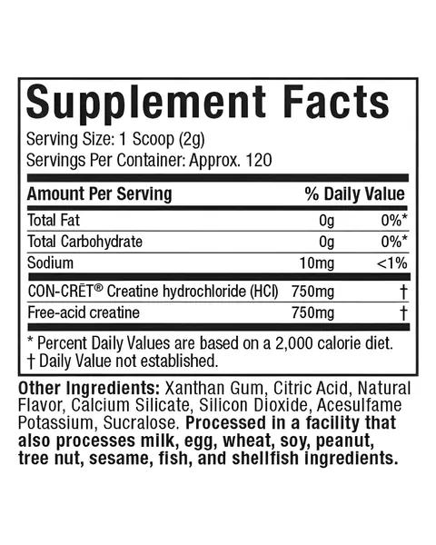 MuscleTech Cell-Tech Creactor (Creatine HCl+), tabla nutricional