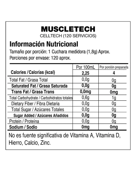 MuscleTech Cell-Tech Creactor (Creatine HCl+), tabla nutricional, sabor Sin sabor