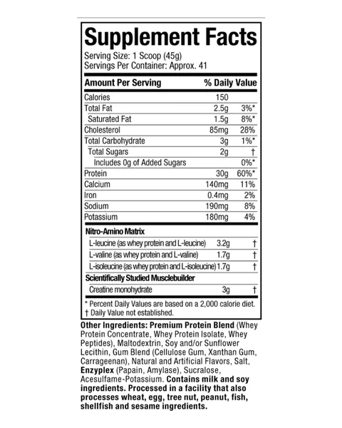 MuscleTech Nitro-Tech Whey Protein, tabla nutricional, 4 lb (1,81 kg)