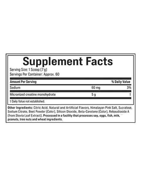 MuscleTech Platinum 100% Creatine, tabla nutricional, sabor Grape Freeze