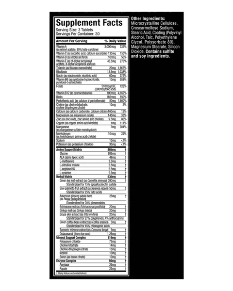 MuscleTech Platinum Multivitamin, tabla nutricional, 90 tabletas / 30 servicios