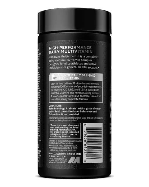 MuscleTech Platinum Multivitamin, parte trasera, 90 tabletas / 30 servicios