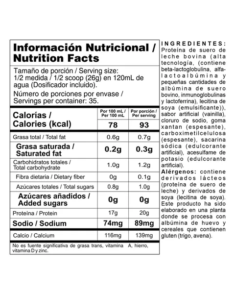 Nutramerican Pharma Bi-Pro Classic, tabla nutricional, sabor Vainilla, 2 lb (910 g)