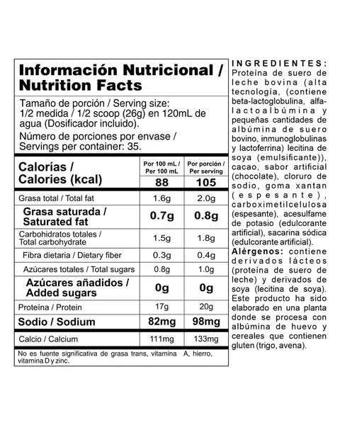 Nutramerican Pharma Bi-Pro Classic, tabla nutricional, sabor Chocolate, 2 lb (910 g)